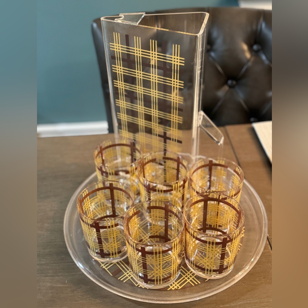 VTG  60s HJ Stotter MCM Mid Modern Plaid Acrylic Triangle Pitcher Tumblers Tray